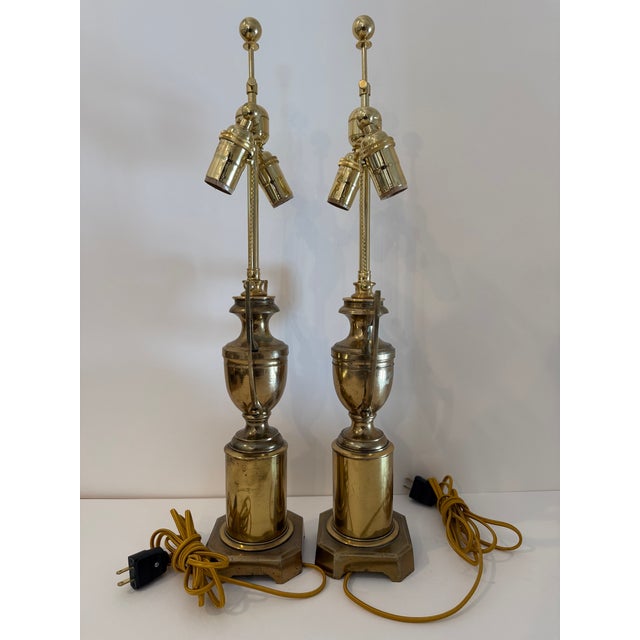 Pair of Vintage English Brass Trophy Form Winged Urn Lamps For Sale - Image 11 of 16