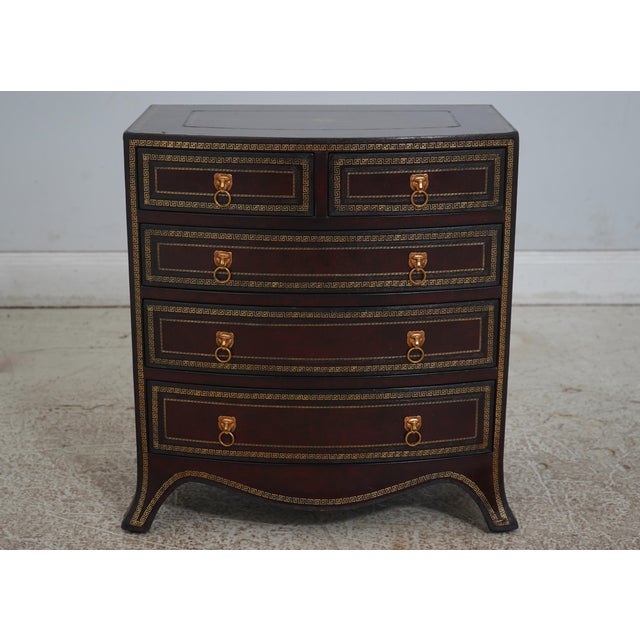 Age: Approx: 20 Years Old Details: Lion Head Drawer Pulls Quality Tooled Leather Surfaces Greek Key Tooled Border Offered...