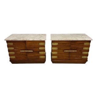 Marble-Top Nightstands With Brass Hardware, Italian, 1950s, A Pair For Sale