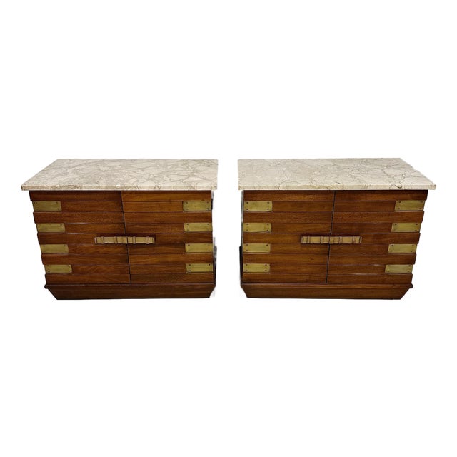 Marble-Top Nightstands With Brass Hardware, Italian, 1950s, A Pair For Sale