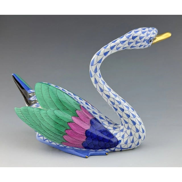 Mid-Century Modern Vintage MCM Herend Swan Blue Fishnet Bird Figurine For Sale - Image 3 of 7