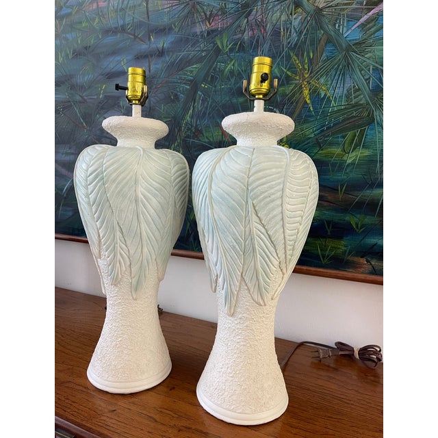 White Vintage Sculptural Plaster Leaf Relief Table Lamps, Textured White Organic Modern Hollywood Regency 23.5” - A Pair For Sale - Image 8 of 12