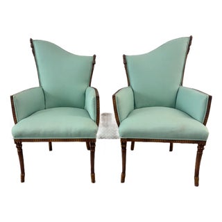 1940s Pair Grosfeld House Asymmetrical Arm Chairs Aqua Fabric, Attributed For Sale