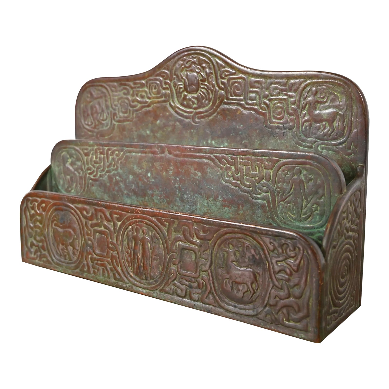 Tiffany Studios New York Zodiac Pattern Bronze Letter Rack | Chairish