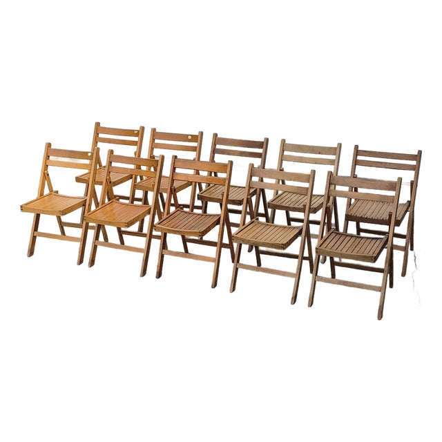 1970s Slatted Wooden Folding Wedding Event Party Chairs, Assembled Set of 10 For Sale