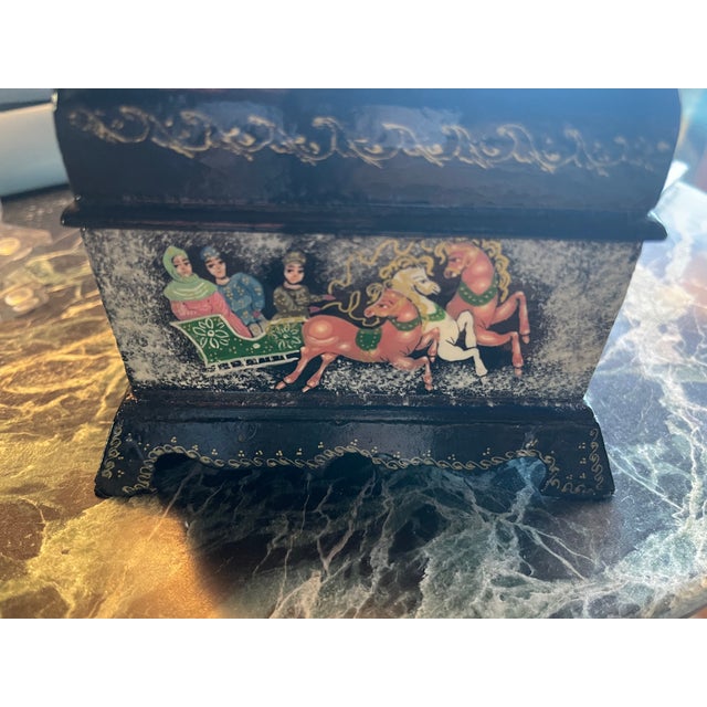 Workaday Handmade Vintage Palekh Lacquer Miniature "Troika" 3 - Tower Jewelry Box For Sale - Image 4 of 9