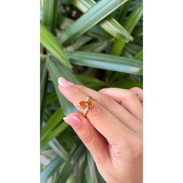 Set in 18k Gold, Orange Sapphire & Tapered Baguette Diamond Engagement Ring, Size 6 For Sale - Image 4 of 10