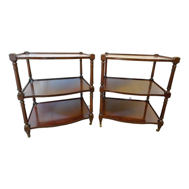 Vintage Regency Style Wood Three Tiered Library Side Tables on Casters- A Pair For Sale