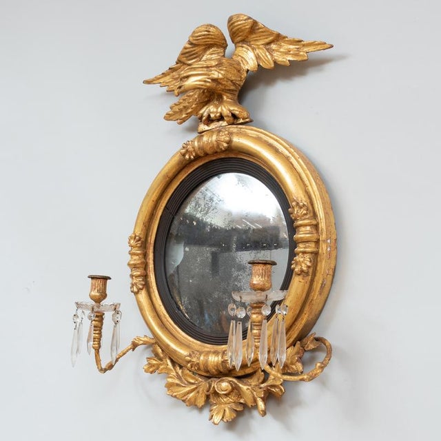 Important Antique c.1830 Giltwood Girandole Convex Federal Mirror With Eagle For Sale - Image 11 of 11