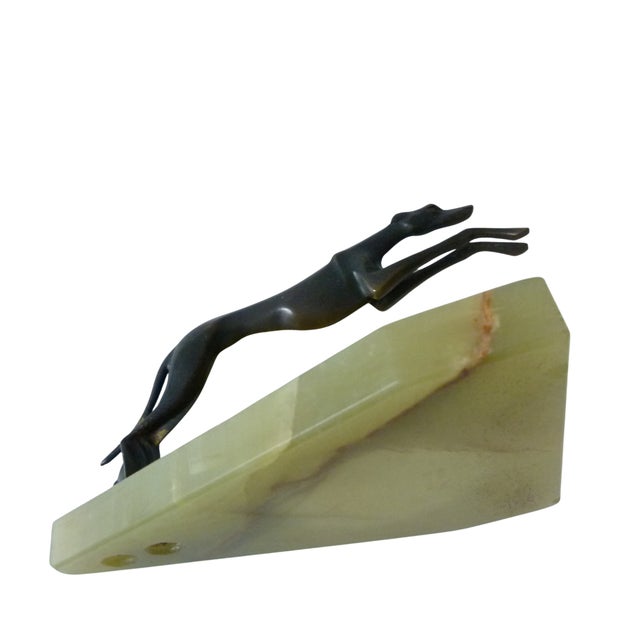 Metal Early 20th Century Bronze Greyhound Dog on Green Marble Base . Art Deco . For Sale - Image 7 of 12