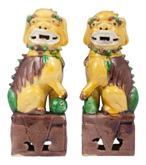 20th Century Chinese Sancai Glazed Porcelain Foo Dogs - a Pair