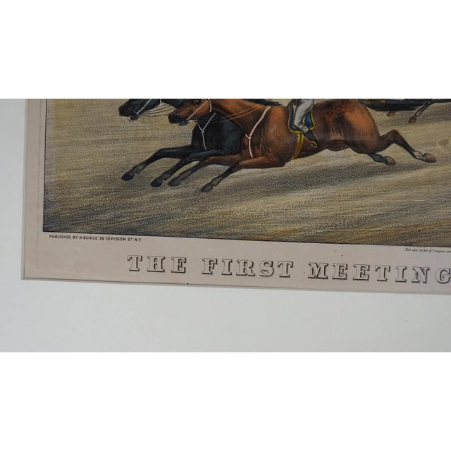 Antique circa 1870's lithograph on paper of The First Meeting, Jerome Park, N. Y. , horse race and stands with flags...