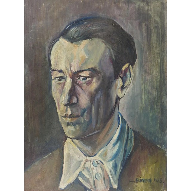 Vintage 1945 Modernist Portrait Painting of Man For Sale - Image 4 of 4