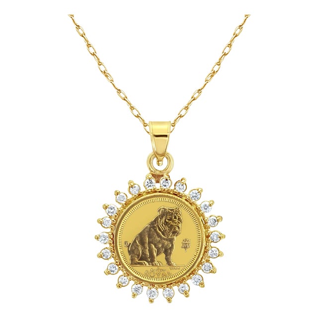 England Gibraltar Gold Coin Necklace with Diamond Halo 16" For Sale