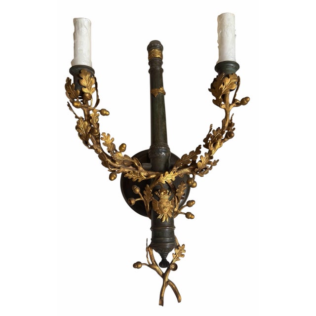 French Pair of Louis XVI Style Gilt Bronze Two Light Wall Sconces For Sale - Image 3 of 6