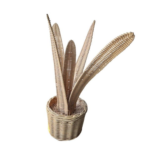 Eye-catching vintage woven rattan sculpture resembling an abstract aloe or desert plant form rising from a handwoven...