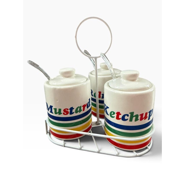 Vintage 1986 Hoan Ceramic Condiment Set With Caddy, Rainbow Stripe, Mustard Ketchup Relish For Sale - Image 4 of 7