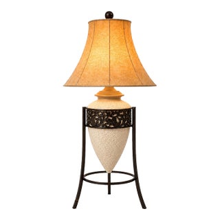 Vintage 1970s Mediterranean Textured Ceramic Urn Tripod Lamp With Original Shade For Sale