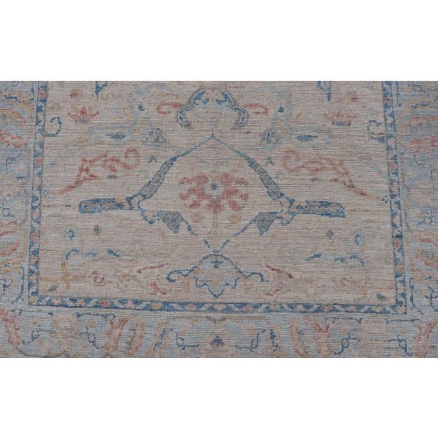 All-Over Hand Knotted Oushak Rug With Arabesque Design in Ivory and Blue Tones 4'11 X 6'10 For Sale In Atlanta - Image 6 of 12