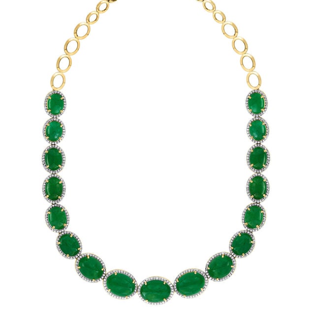 110 Ct Oval Natural Cabochon Emerald & Diamond Necklace, Earring Suite 14 K Gold For Sale - Image 18 of 18