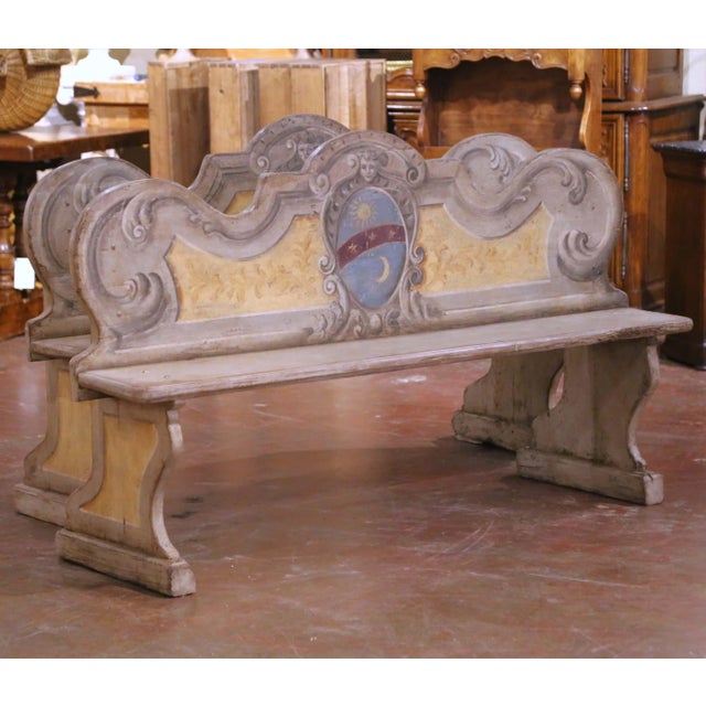 Italian Pair of Mid-Century Italian Carved and Hand-Painted Oak Cassapanca Benches For Sale - Image 3 of 13