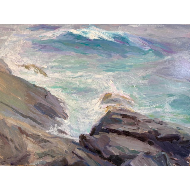 Original mid century oil on board painting depicting waves crashing against rocks, in expressive and textured brushwork...