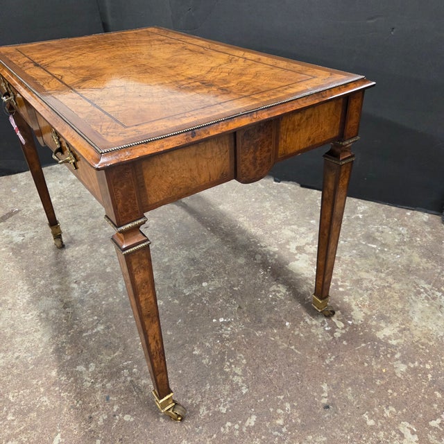 Mid 19th Century Regency Walnut & Rosewood Inlaid Table W/2 Drawers, Brass Beading, Ornate Handles, on Square Tapered Legs on Brass Casters For Sale - Image 10 of 15