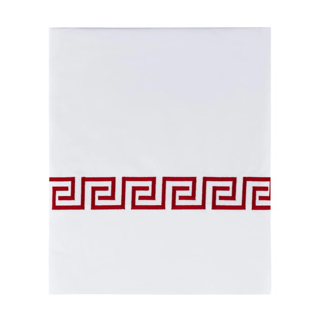 Transitional Greek Key King Flat Sheet in Red For Sale - Image 3 of 3