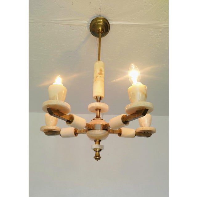 Italian Vintage 1980s Italian Onyx Brass Marble Chandelier Lighting Ceiling Fixture Light For Sale - Image 3 of 9