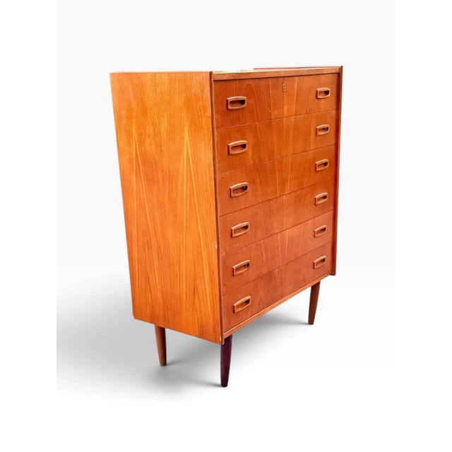Mid-Century Modern Mid-Century Danish Modern Teak Tallboy Dresser | Six Drawers With Carved Oval Pulls For Sale - Image 3 of 11