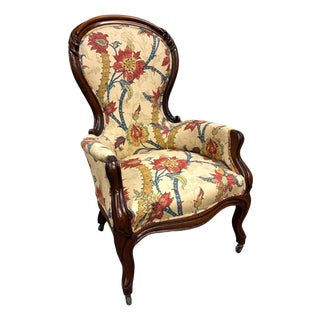 Antique Victorian Rococo Revival Balloon Back Walnut Armchair Parlor Chair For Sale