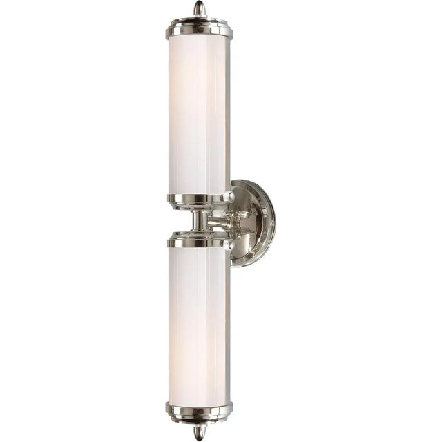 Merchant Double Bath Light in Chrome with White Glass Designer: Thomas O'Brien Height: 20.25" Extension: 5" Backplate:...