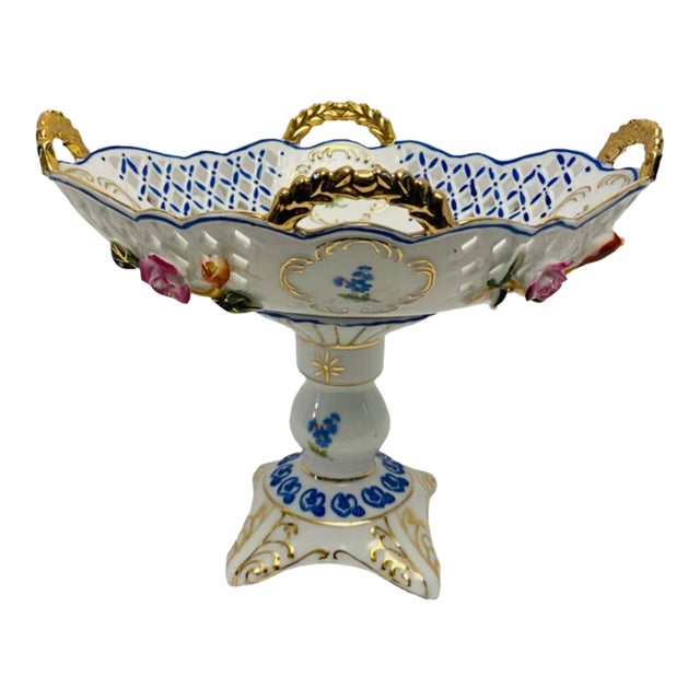 Vintage Reticulated Footed Compote Hand Painted With Applied Flowers For Sale