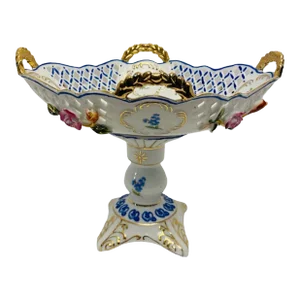 Vintage Reticulated Footed Compote Hand Painted With Applied Flowers