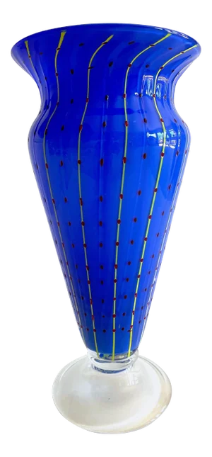 Vintage 1980's Post Modern Royal Blue Italian Hand Blown Murano Art Glass Dotted Stripe Large Flower Vase