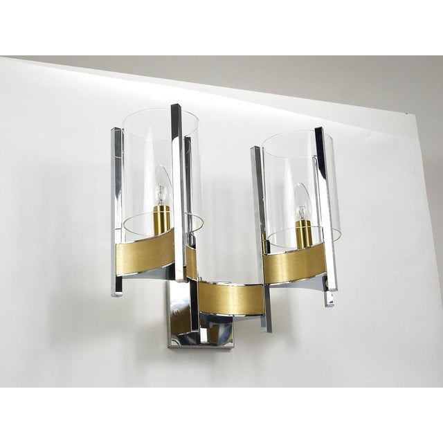Gaetano Sciolari Large Wall Sconces in Chrome, Brass and Glass attributed to Gaetano Sciolari, 1970s, Set of 2 For Sale - Image 4 of 18