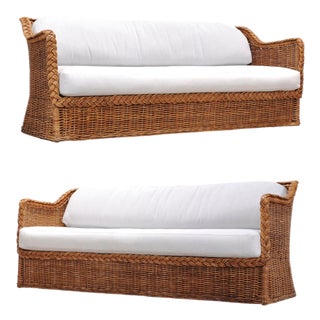 Pair of Michael Taylor Style Organic Modern Wicker Rattan Sofas For Sale