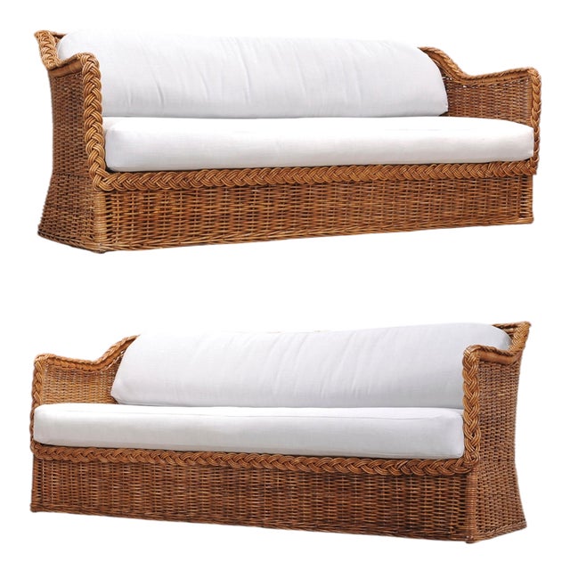Pair of Michael Taylor Style Organic Modern Wicker Rattan Sofas For Sale