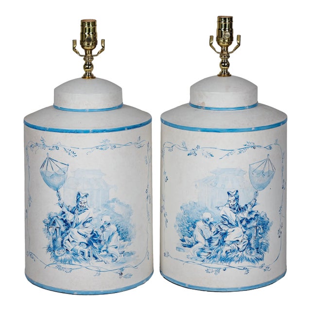 A Pair Vintage English Export Tea Caddy Hand-Painted Chinoiserie Figurines Table Lamp For Sale