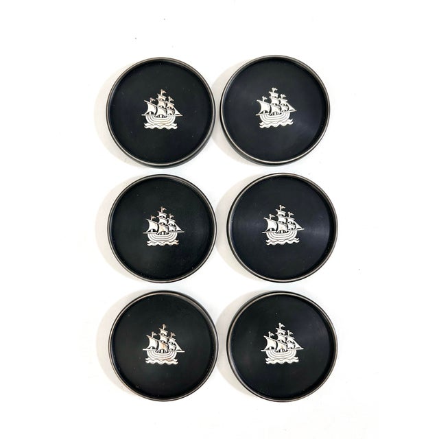 Black Vintage Nautical Silver Ship Coasters – Swedish Lerstorp Black Bakelite/Isolite Scandinavian Barware - Set of 6 For Sale - Image 8 of 9