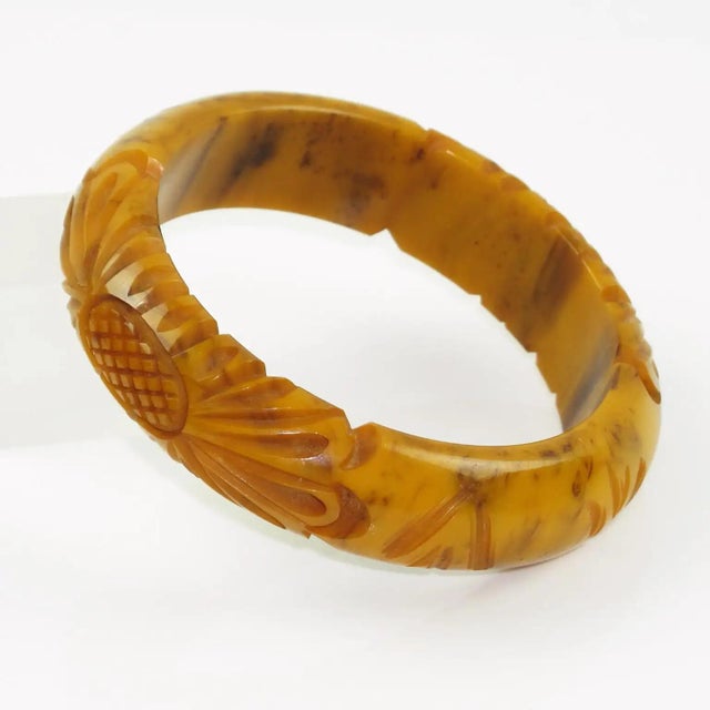 Plastic Banana Brown Marble Bakelite Floral Carved Bracelet Bangle For Sale - Image 7 of 7