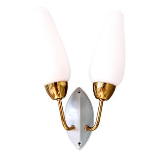 Vintage Double Wall Light in Brass and White Opaline, 1950s For Sale
