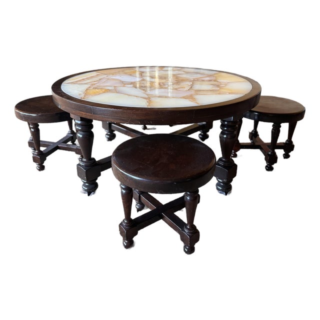 Vintage Onyx Stone Top Coffee Table With Nesting Stools For Sale