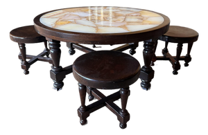 Vintage Onyx Stone Top Coffee Table With Nesting Stools