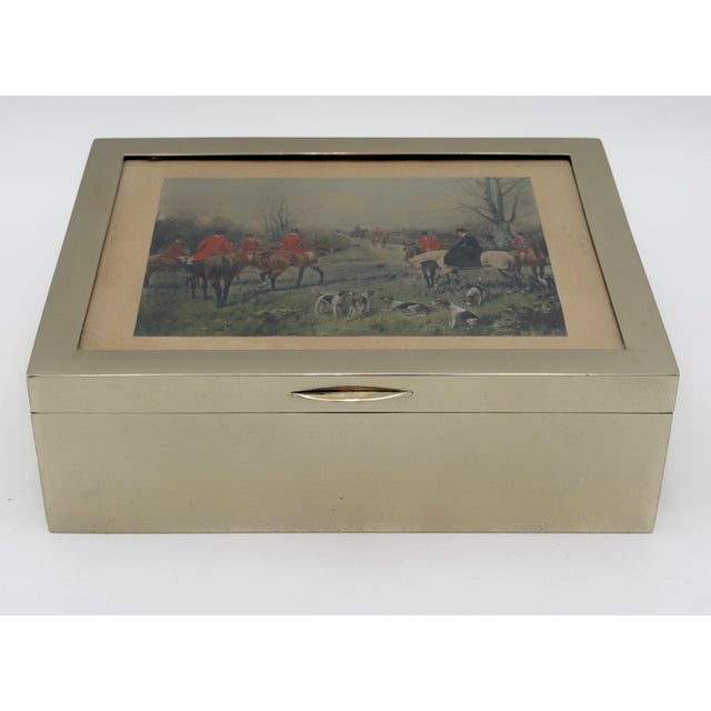 English Vintage English Hunt Scene Silver Plate and Glass Humidor or Trinket Box For Sale - Image 3 of 12