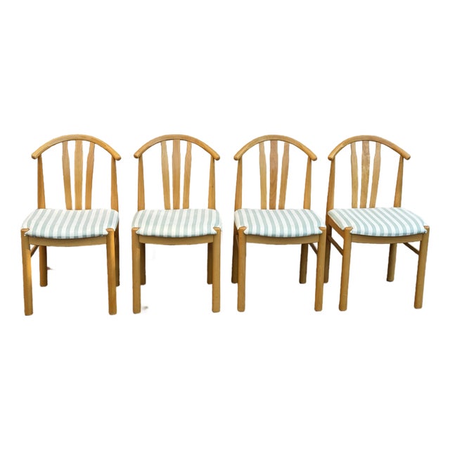 Set of 4 Late 20th Century Postmodern Light Oak Dining Chairs With Upholstered Seats For Sale