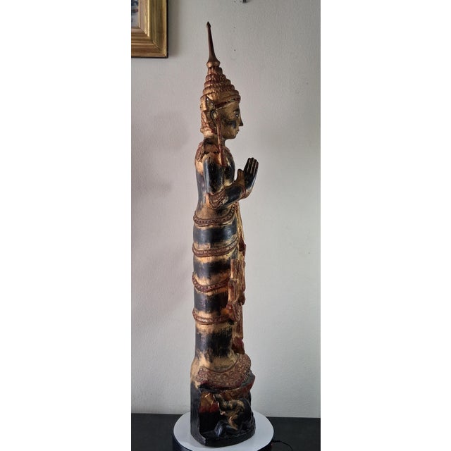 Wood Large Antique Burmese Carved Gilt Wood Theppanom Guardian Statue 47” Tall For Sale - Image 7 of 9