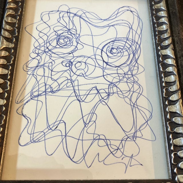 Original 5 x 7 blue ink drawing on paper signed bottom right Overall size with tabletop frame is 9 x 11