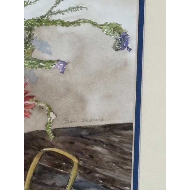 Large vintage watercolor of zinnias and wild flowers by North Carolina artist, Dan Suddath. Signed by the artist. Great...