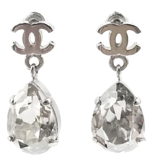 Chanel Silver CC Tear Drop Crystal Shiny Piercing Earrings - 2 Pieces